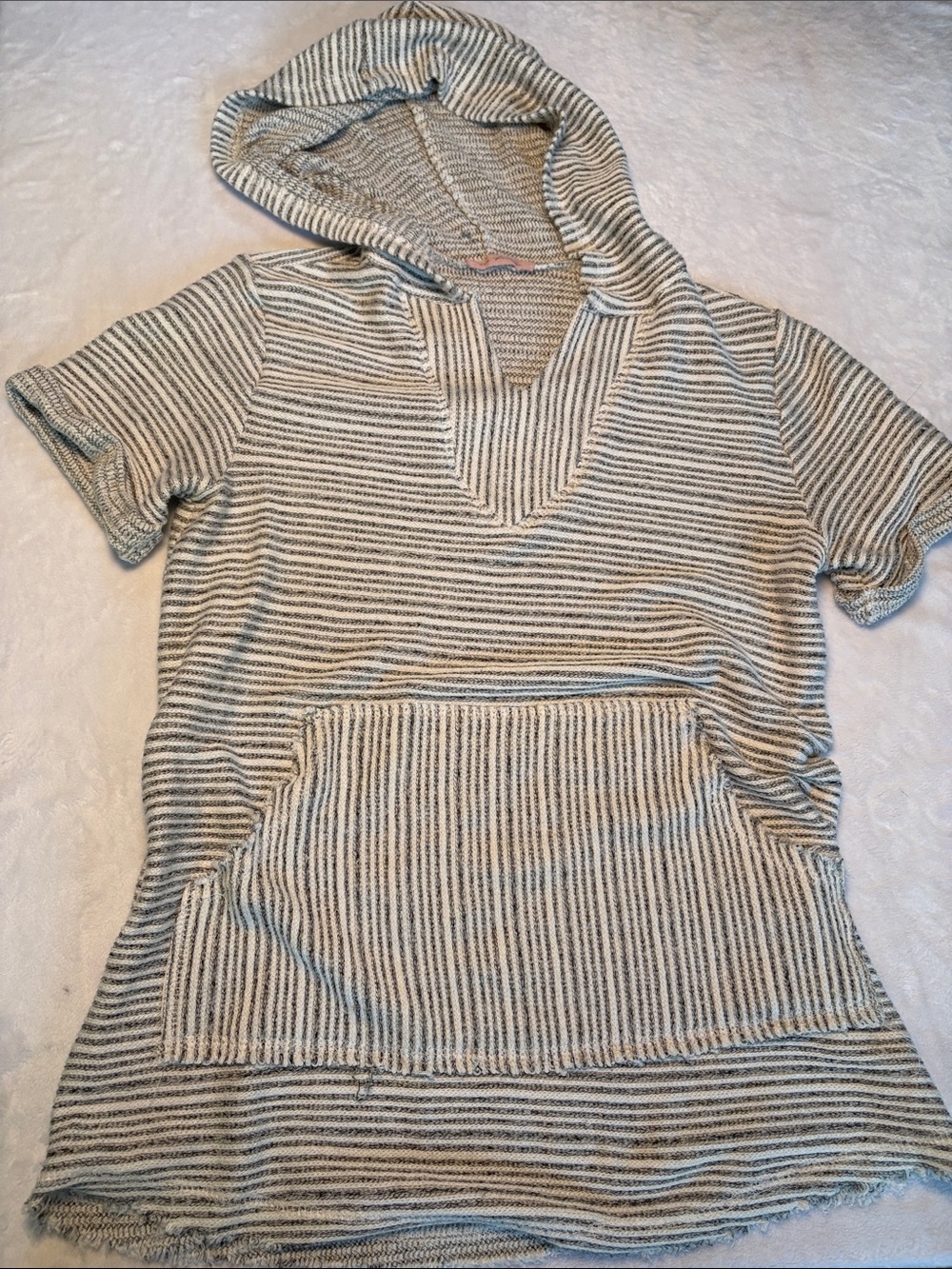Ces Femme Cream & Gray Striped Hooded Lightweight Knit Top Small